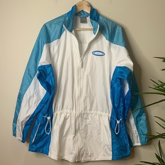 Nike | Vintage Blue White Oversized Classic Swoosh Windbreaker Jacket L 12/14 - Picture 1 of 17